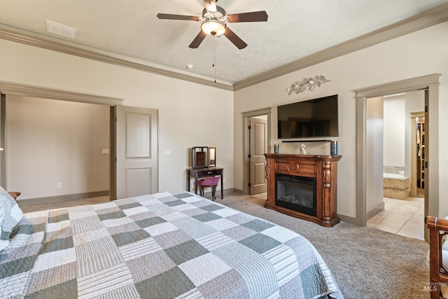 4763 S Skyridge Way, Boise, ID 83709 - bedroom featuring light carpet, crown molding, a glass covered fireplace, ceiling fan, and baseboards