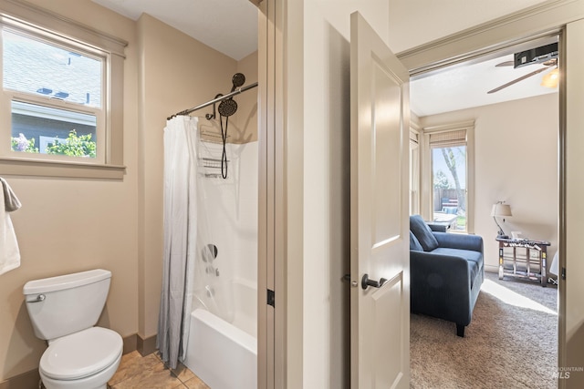 4763 S Skyridge Way, Boise, ID 83709 - full bath with shower / tub combo with curtain, toilet, ceiling fan, and baseboards