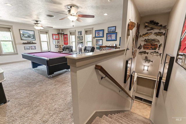 4763 S Skyridge Way, Boise, ID 83709 - game room featuring ceiling fan, a textured ceiling, baseboards, billiards, and light colored carpet