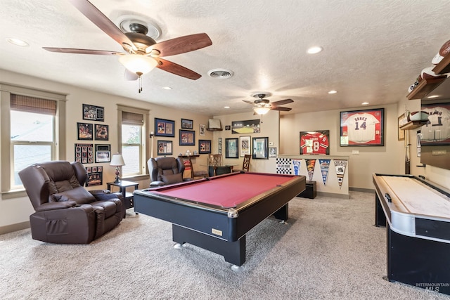 4763 S Skyridge Way, Boise, ID 83709 - recreation room featuring a ceiling fan, carpet, billiards, a textured ceiling, and recessed lighting