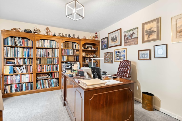 office area featuring light colored carpet