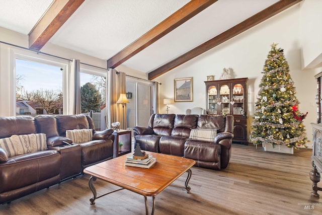 living room with hardwood / wood-style floors and vaulted ceiling with beams