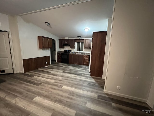 kitchen featuring a sink, under cabinet range hood, dark brown cabinetry, electric range, and wood finished floors