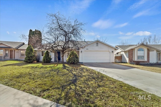 single story home featuring a front yard, concrete driveway, and a garage