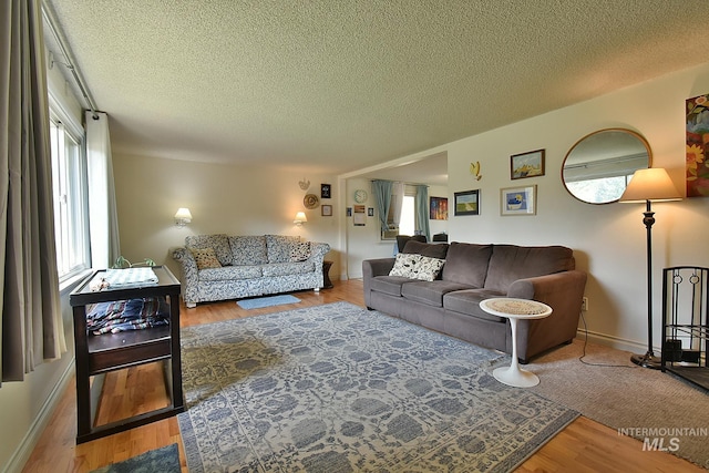 living room with light hardwood / wood-style flooring and a textured ceiling