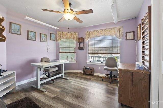 home office featuring ceiling fan and dark hardwood / wood-style floors