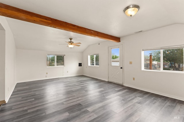 unfurnished living room with dark wood-style floors, ceiling fan, and baseboards