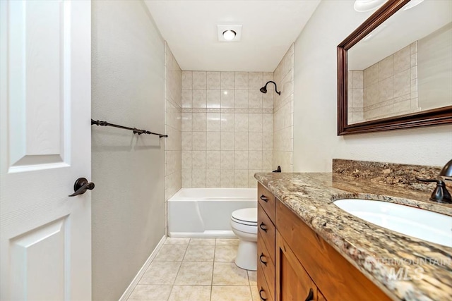 full bathroom with toilet, tiled shower / bath, vanity, and tile patterned flooring