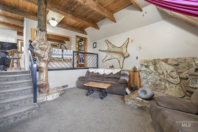 1011 E 1000 S, Albion, ID 83311 - living area featuring wood ceiling with exposed beams and carpet