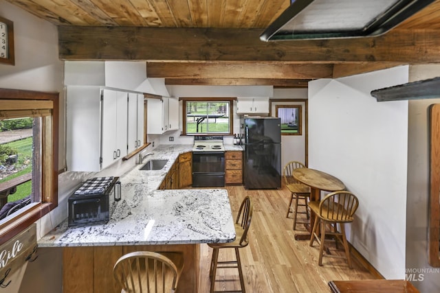 1011 E 1000 S, Albion, ID 83311 - kitchen with freestanding refrigerator, range with electric cooktop, a sink, light wood-type flooring, and beam ceiling