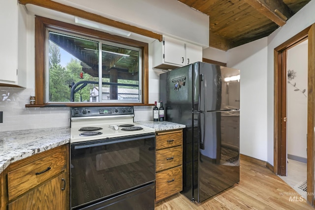 1011 E 1000 S, Albion, ID 83311 - kitchen featuring electric range, freestanding refrigerator, wooden ceiling, light wood-style floors, and backsplash