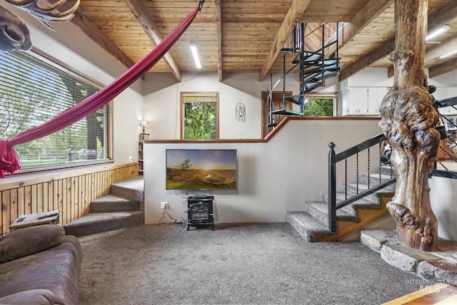 1011 E 1000 S, Albion, ID 83311 - carpeted living area with stairs, wood ceiling, a wood stove, a wainscoted wall, and wooden walls