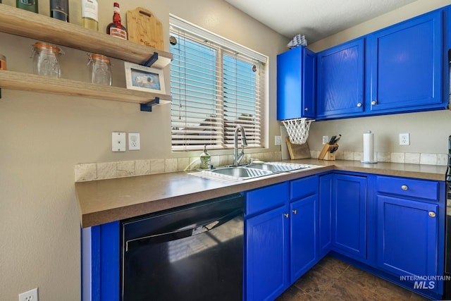 kitchen featuring blue cabinets, sink, and black dishwasher