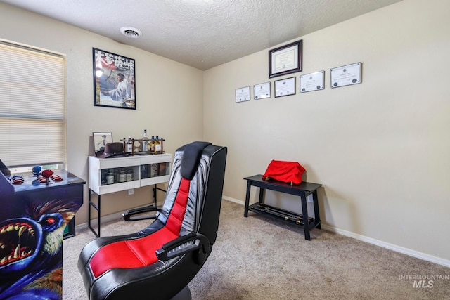 office with light carpet and a textured ceiling