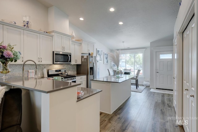 1987 S Defio Way, Meridian, ID 83642 - kitchen featuring appliances with stainless steel finishes, a kitchen island, vaulted ceiling, decorative backsplash, and light wood-style floors