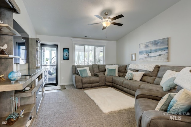 1987 S Defio Way, Meridian, ID 83642 - living room with lofted ceiling, ceiling fan, and carpet