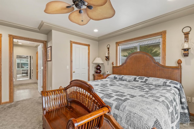 bedroom featuring light carpet and ceiling fan