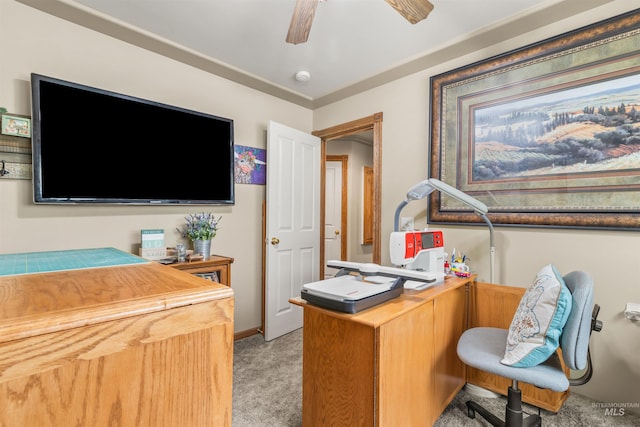 office with light colored carpet and ceiling fan