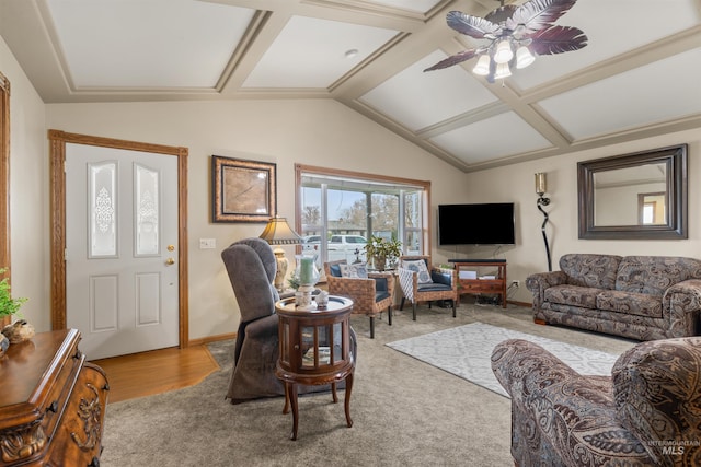 living room with hardwood / wood-style flooring, ceiling fan, and lofted ceiling