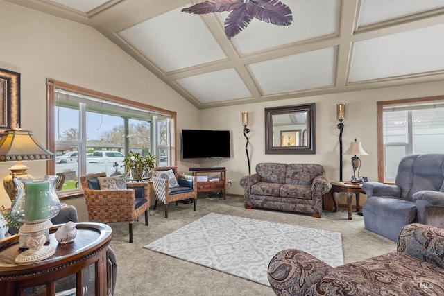 living room with light colored carpet and vaulted ceiling