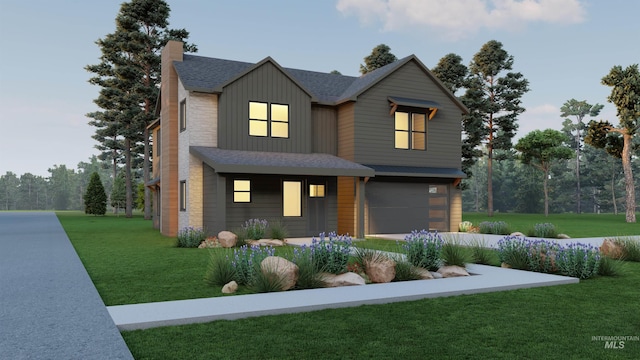 view of front of property featuring an attached garage, roof with shingles, board and batten siding, a front lawn, and a chimney