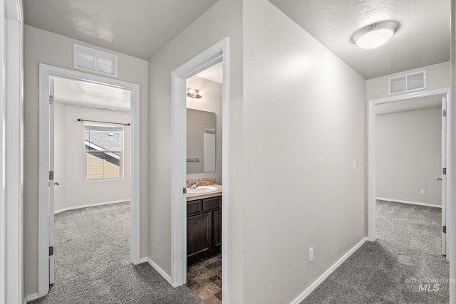 hallway featuring carpet flooring and sink