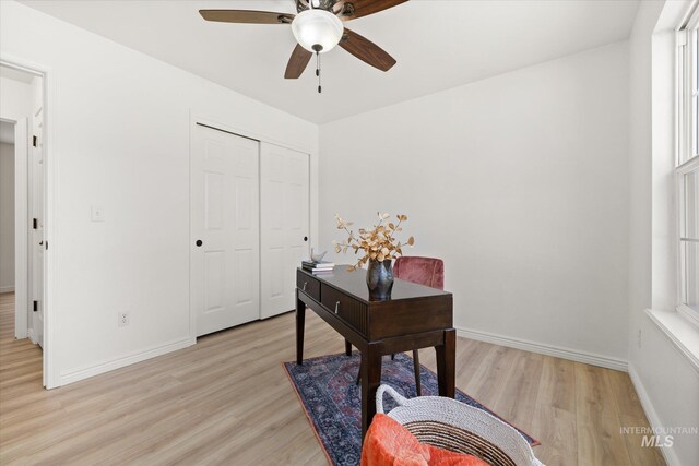 512 S Pelican Way, Meridian, ID 83642 - office area with ceiling fan, light wood-style floors, and baseboards