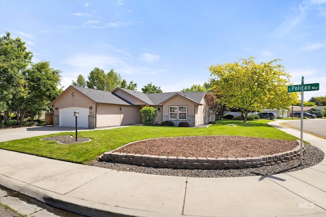 512 S Pelican Way, Meridian, ID 83642 - ranch-style home featuring driveway, a front lawn, an attached garage, and brick siding