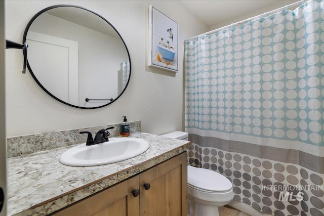 190 Bison Way, Fairfield, ID 83327 - bathroom featuring toilet, vanity, and curtained shower