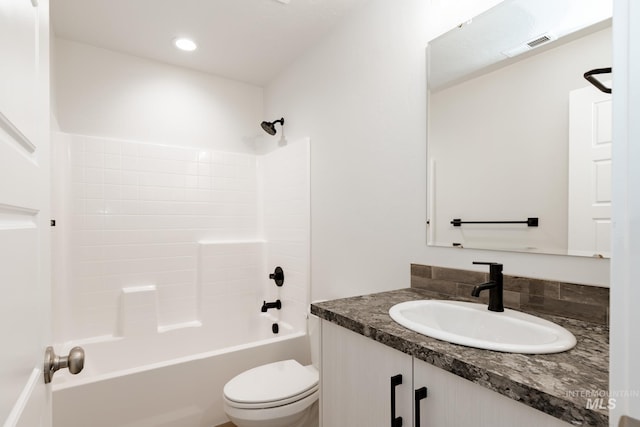 bathroom with visible vents, shower / bathing tub combination, toilet, vanity, and recessed lighting