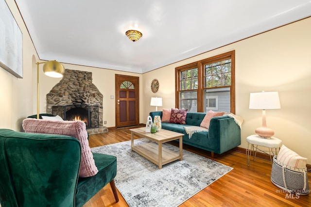 living room with wood-type flooring and a fireplace