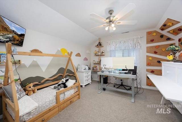 1440 Riverbend Pl, Twin Falls, ID 83301 - carpeted bedroom featuring lofted ceiling, an office area, and ceiling fan
