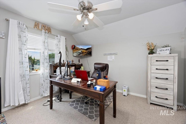 1440 Riverbend Pl, Twin Falls, ID 83301 - home office with light carpet, ceiling fan, and lofted ceiling