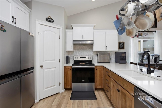 1440 Riverbend Pl, Twin Falls, ID 83301 - kitchen featuring appliances with stainless steel finishes, under cabinet range hood, decorative backsplash, light wood-style floors, and light countertops