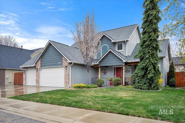 view of front of house featuring a shingled roof, a porch, a garage, concrete driveway, and a front lawn