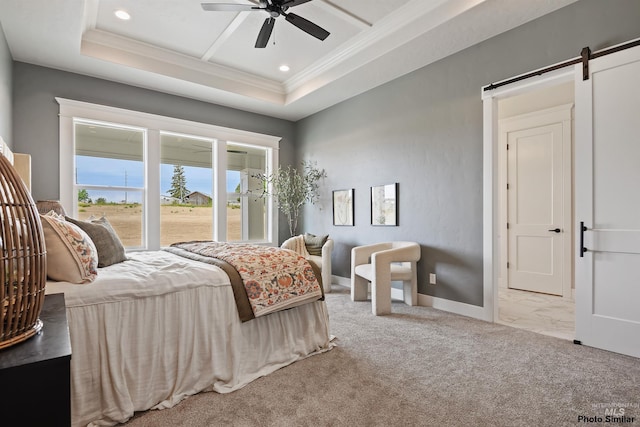 3053 Ajax Ave, Eagle, ID 83616 - carpeted bedroom with crown molding, a barn door, recessed lighting, coffered ceiling, and a ceiling fan