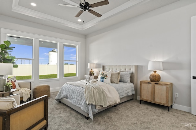 3053 Ajax Ave, Eagle, ID 83616 - carpeted bedroom with a tray ceiling, crown molding, baseboards, recessed lighting, and ceiling fan