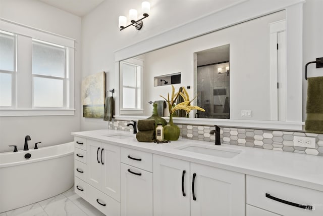 3053 Ajax Ave, Eagle, ID 83616 - full bath featuring a stall shower, double vanity, a soaking tub, tasteful backsplash, and marble finish floors