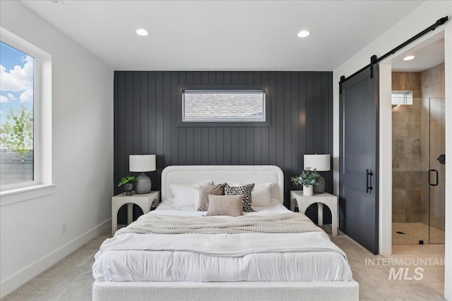 7779 W Daybreak Run Ct, Meridian, ID 83646 - carpeted bedroom featuring a barn door, recessed lighting, and baseboards