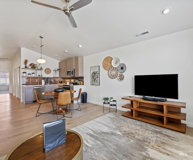 1681 W Idaho St, Boise, ID 83702 - living area with light wood-style flooring, vaulted ceiling, visible vents, recessed lighting, and a ceiling fan