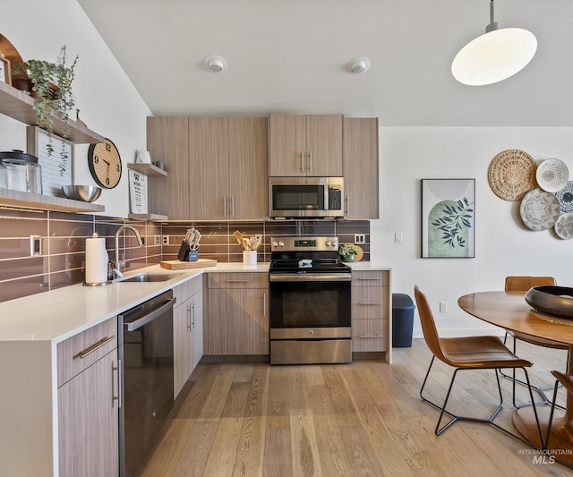 1681 W Idaho St, Boise, ID 83702 - kitchen with open shelves, a sink, light wood-type flooring, stainless steel appliances, and backsplash