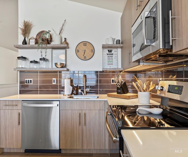 1681 W Idaho St, Boise, ID 83702 - kitchen featuring open shelves, a sink, stainless steel appliances, light countertops, and backsplash