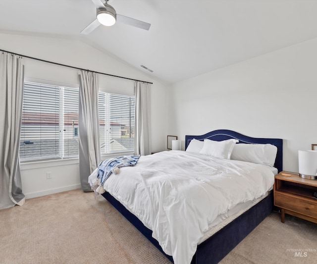 1681 W Idaho St, Boise, ID 83702 - carpeted bedroom with vaulted ceiling, visible vents, a ceiling fan, and baseboards