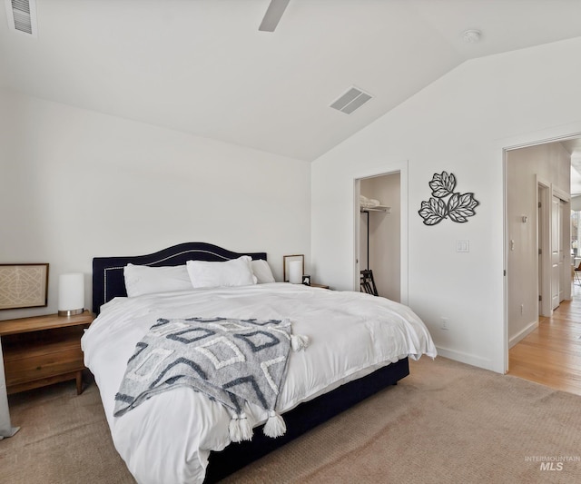 1681 W Idaho St, Boise, ID 83702 - bedroom featuring light colored carpet, ceiling fan, lofted ceiling, and visible vents