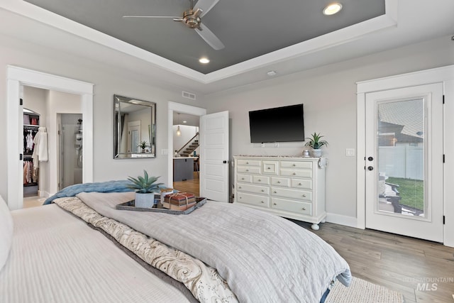 486 E Andes Dr, Kuna, ID 83634 - bedroom featuring ceiling fan, visible vents, recessed lighting, wood finished floors, and a raised ceiling