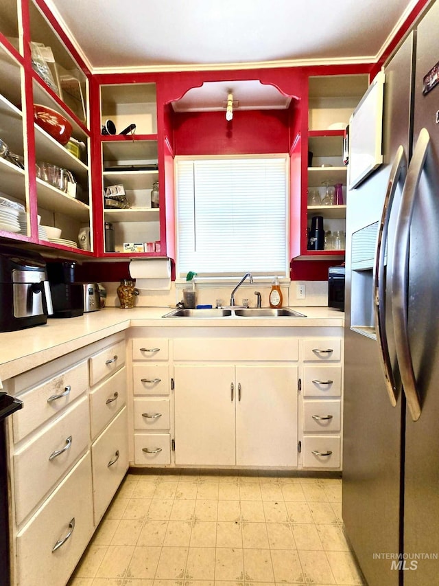 1025 9th St, Clarkston, WA 99403 - kitchen featuring stainless steel fridge, light countertops, white cabinets, and open shelves