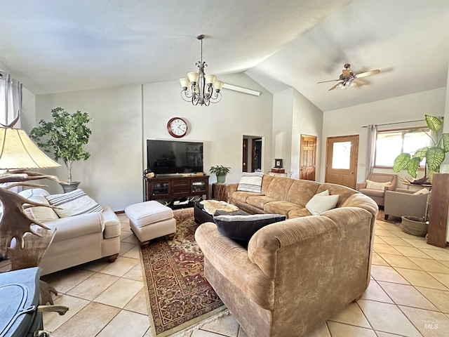 living room featuring light tile patterned floors, ceiling fan with notable chandelier, and lofted ceiling