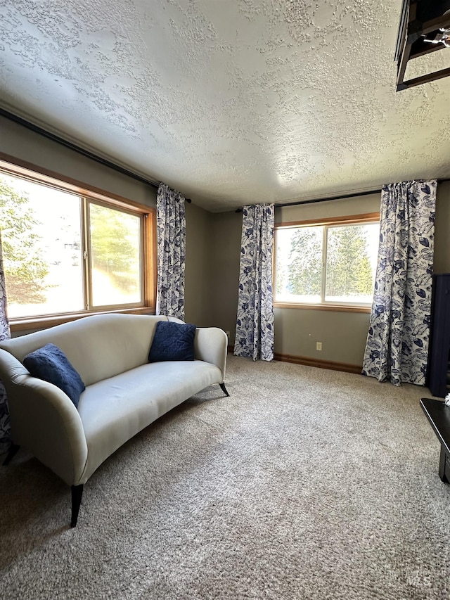 carpeted living room featuring a healthy amount of sunlight, baseboards, and a textured ceiling