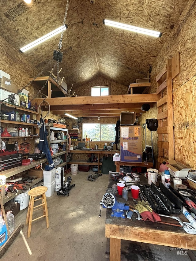 miscellaneous room with a workshop area and vaulted ceiling