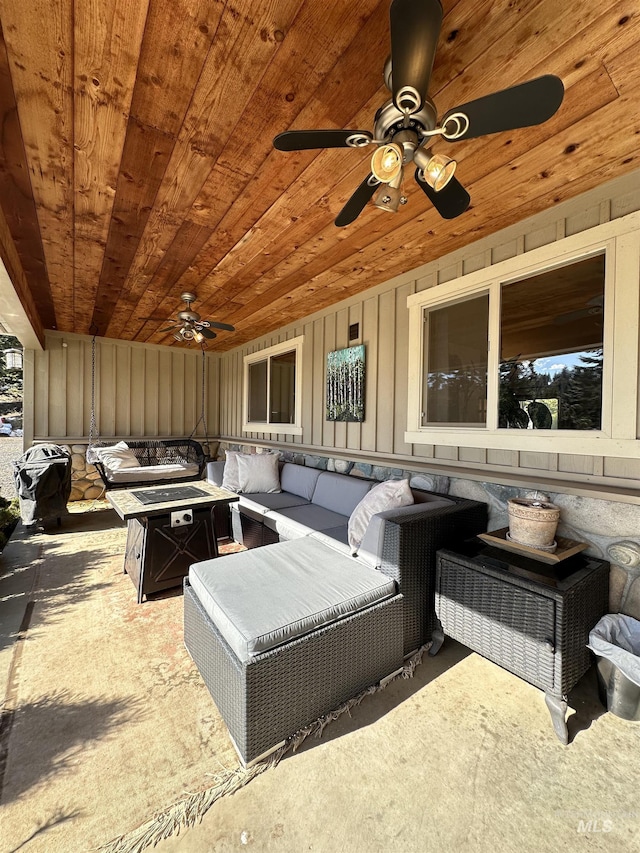 view of patio with a ceiling fan and an outdoor hangout area